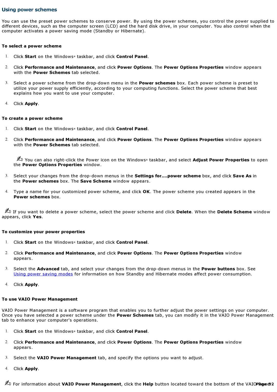 Sony VGNA600 specifications Using power schemes 