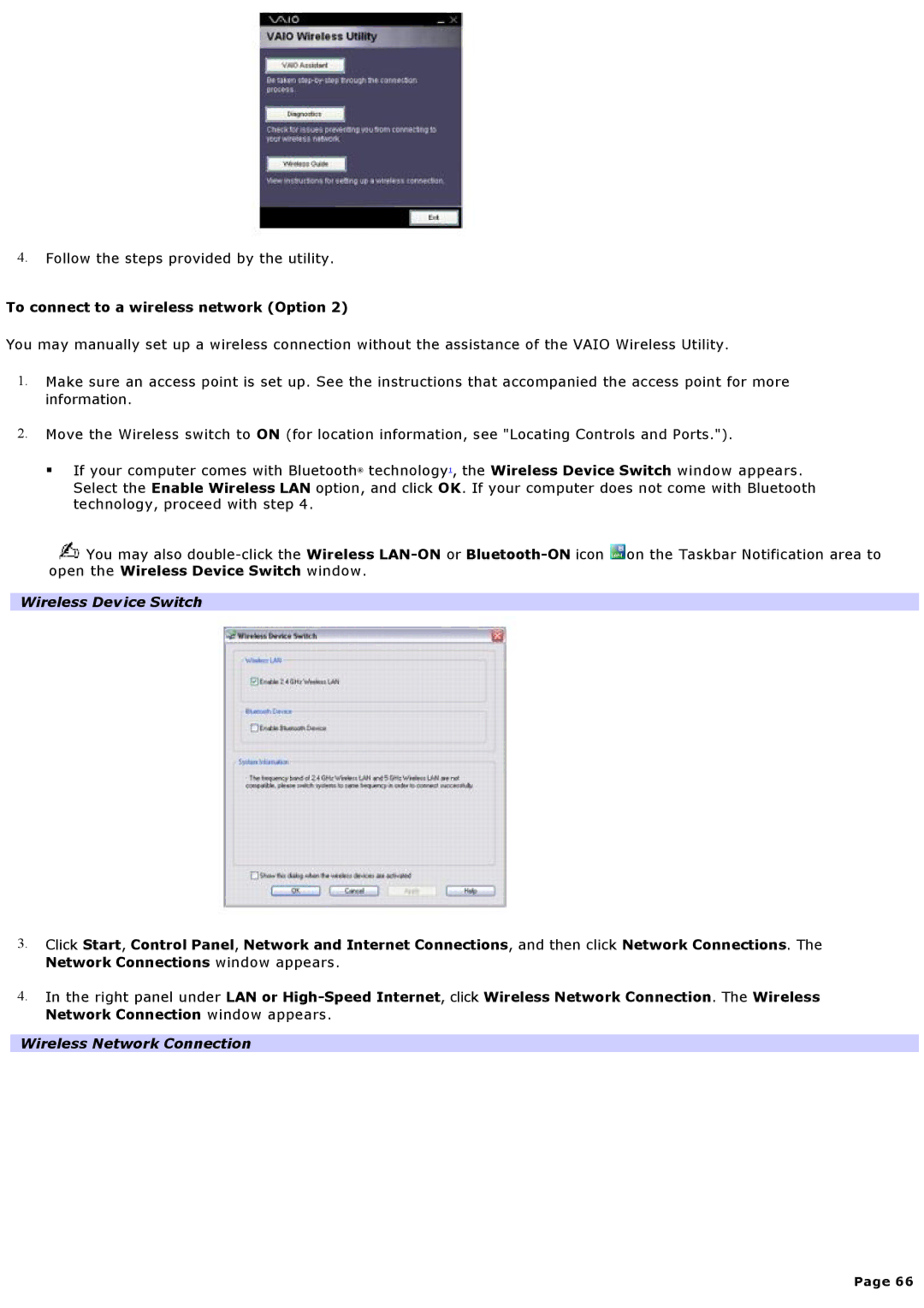 Sony VGNA600 specifications Wireless Network Connection 