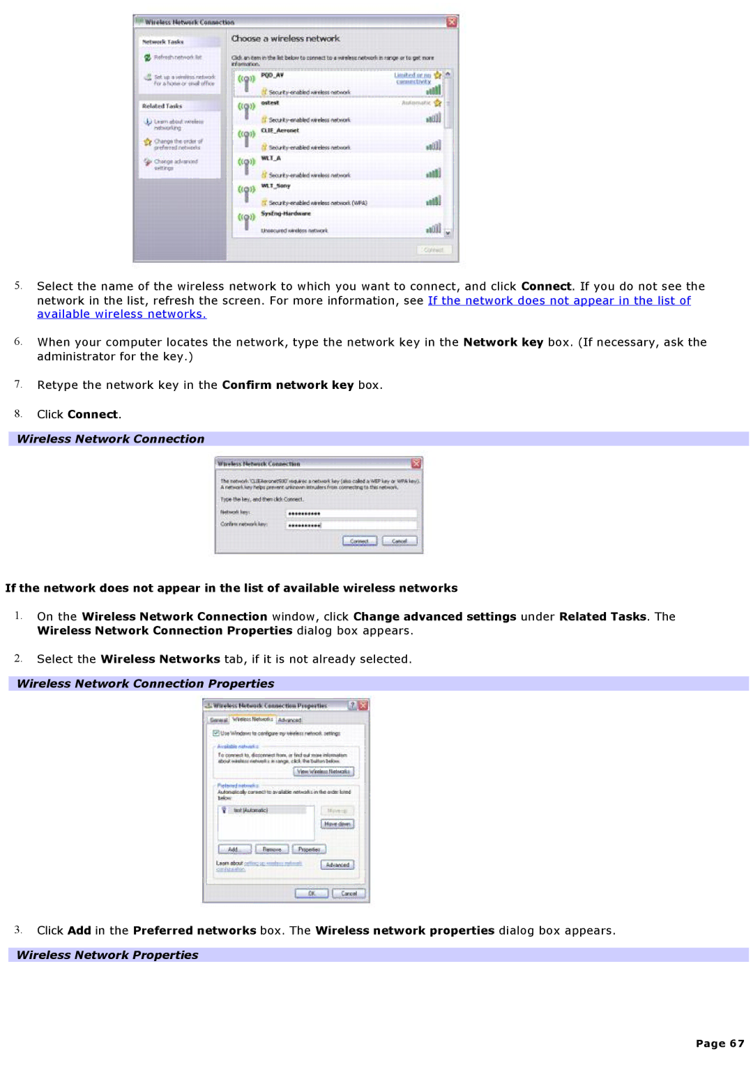 Sony VGNA600 specifications Wireless Network Connection Properties, Wireless Network Properties 