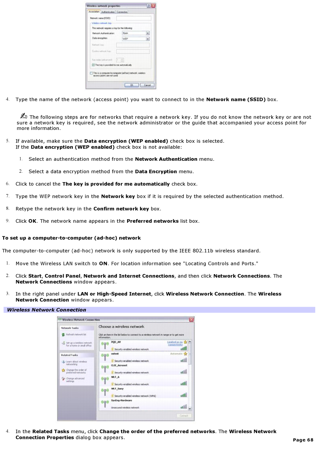 Sony VGNA600 specifications To set up a computer-to-computer ad-hoc network 