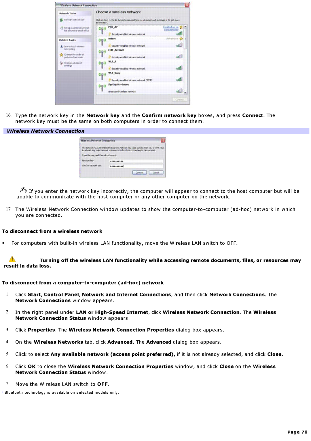 Sony VGNA600 specifications To disconnect from a wireless network 