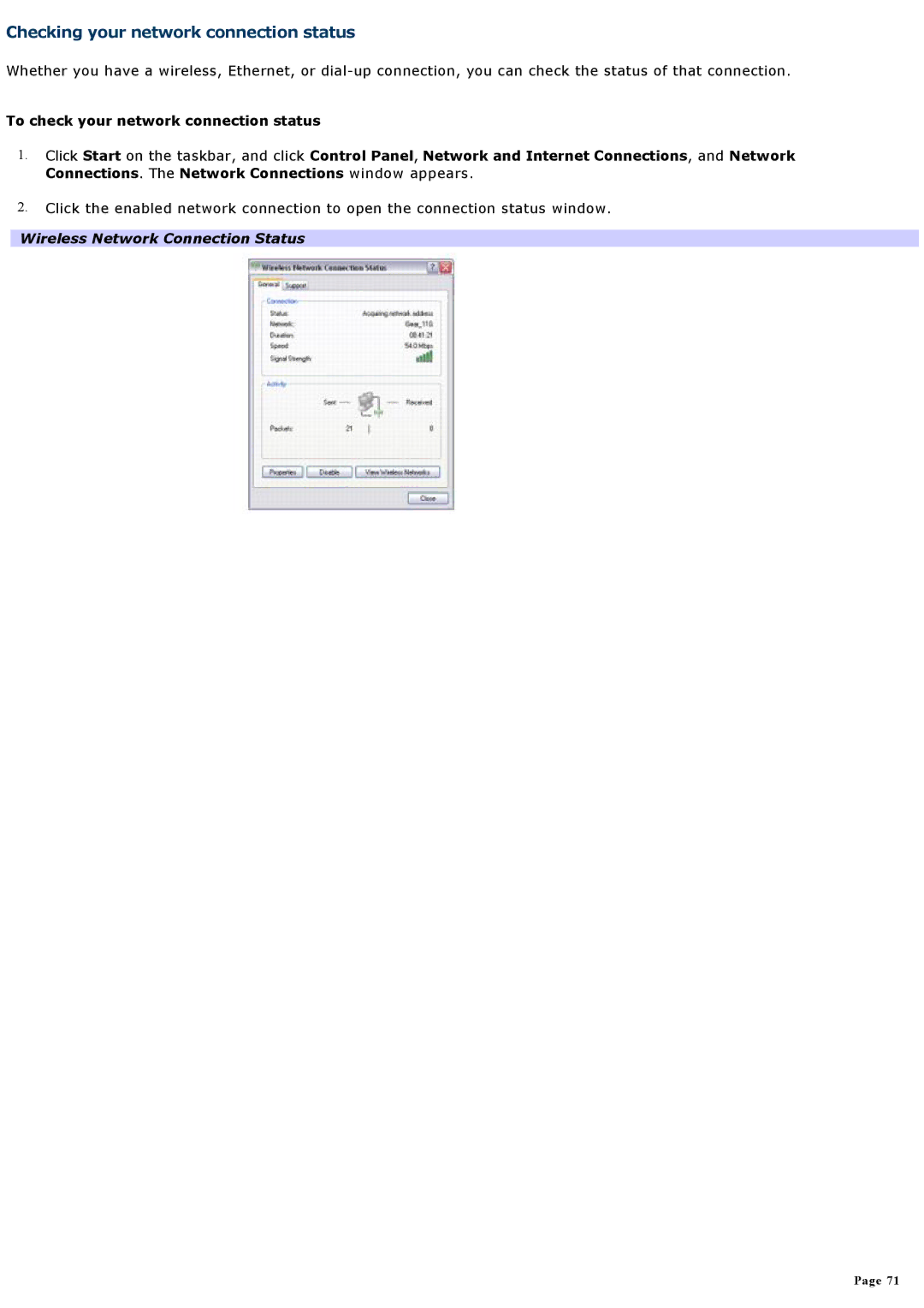 Sony VGNA600 specifications Checking your network connection status, Wireless Network Connection Status 