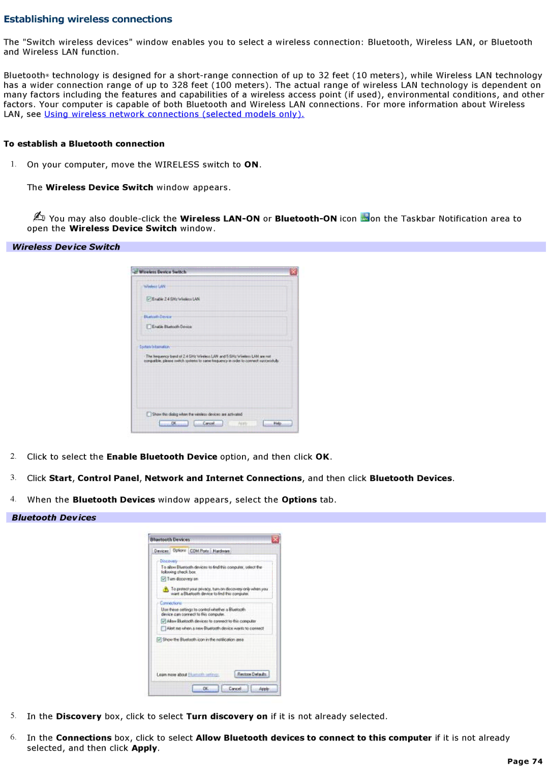 Sony VGNA600 Establishing wireless connections, To establish a Bluetooth connection, Wireless Device Switch window appears 