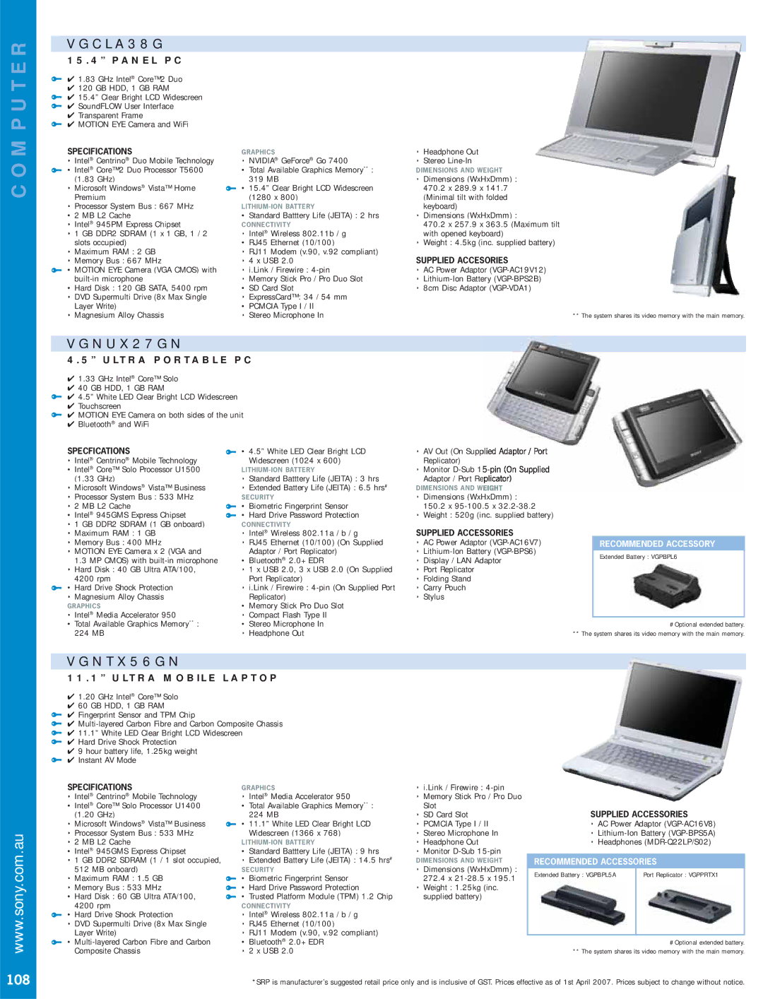 Sony VGNUX27GN, VGNSZ43GN, VGNSZ44GN, VGNSZ48GN, VGNN27GH, VGNC21GH, VGNG118GN, VGNC25G, VGNFE45G manual VGCLA38G, VGNTX56GN, 108 