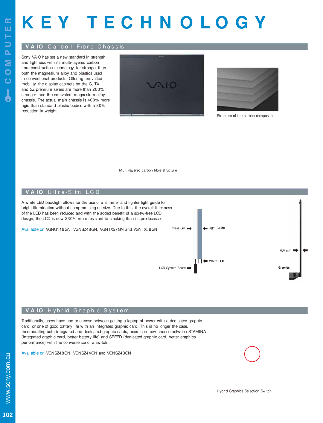 Sony VGNC25G, VGNSZ43GN, VGNSZ44GN, VGNN27GH Vaio Carbon Fibre Chassis, Vaio Ultra-Slim LCD, Vaio Hybrid Graphic System, 102 