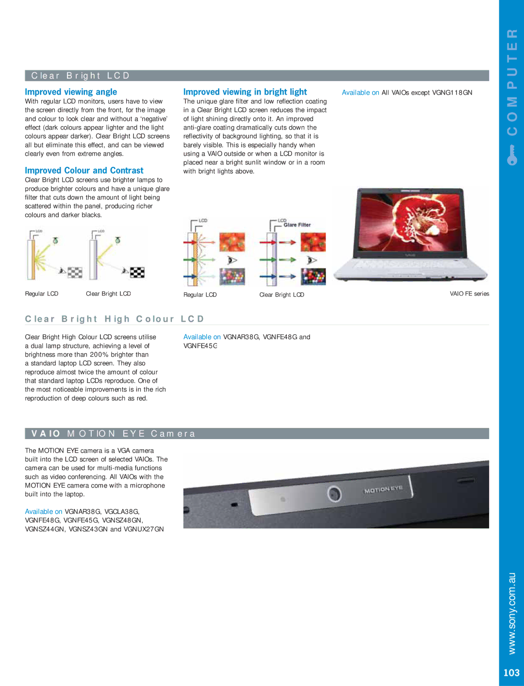 Sony VGNFE45G, VGNSZ43GN, VGNSZ44GN, VGNSZ48GN, VGNN27GH, VGNC21GH, VGNG118GN Clear Bright LCD, Vaio Motion EYE Camera, 103 