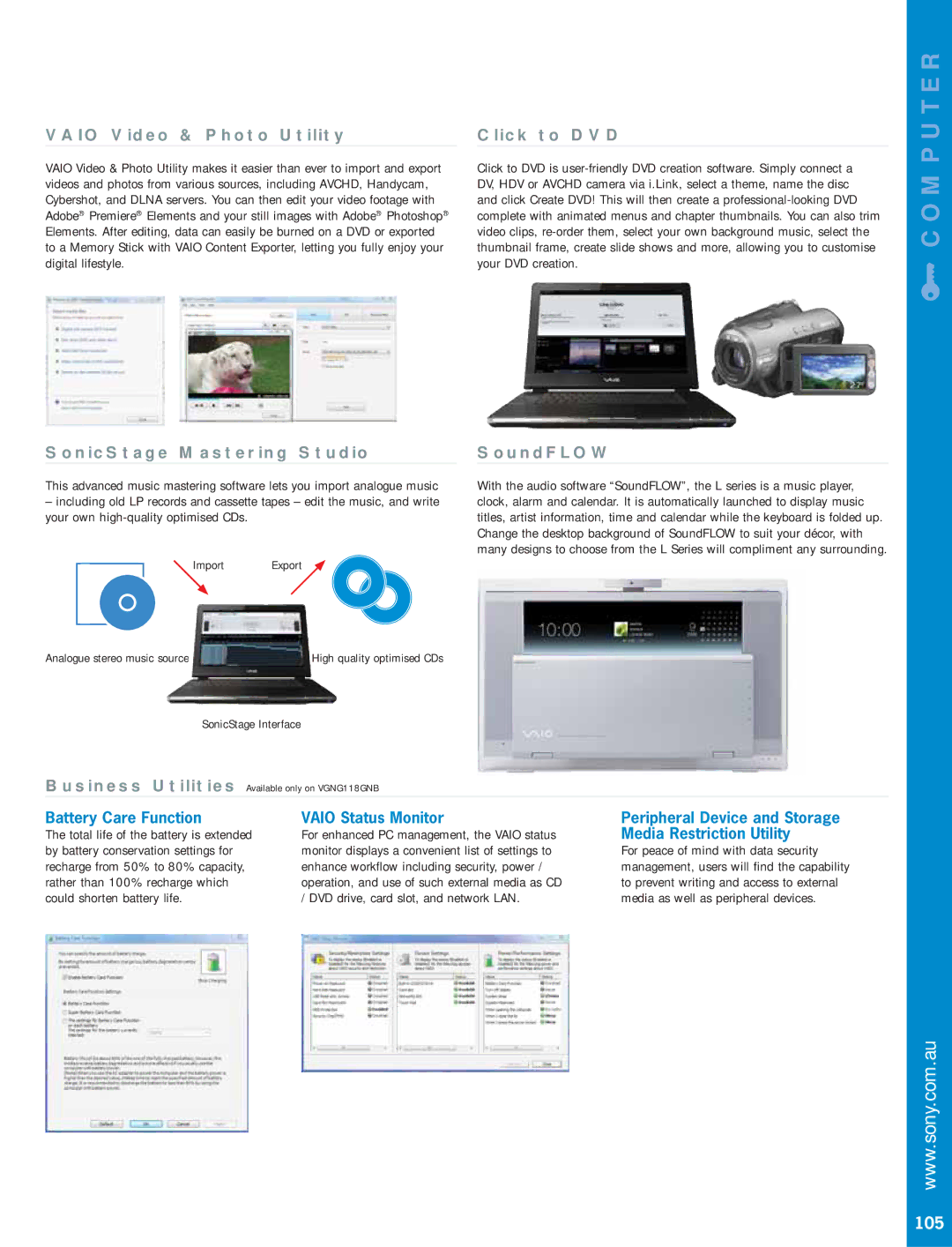 Sony VGNFE48G, VGNSZ43GN, VGNSZ44GN, VGNSZ48GN Battery Care Function, Vaio Status Monitor, Media Restriction Utility, 105 