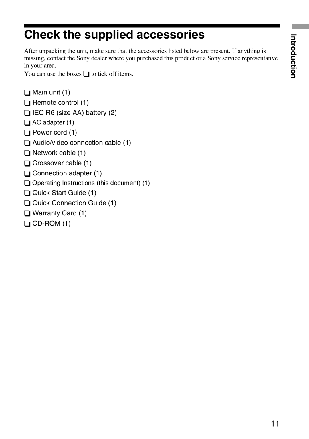 Sony VGP-MR100 operating instructions Check the supplied accessories, Introduction 