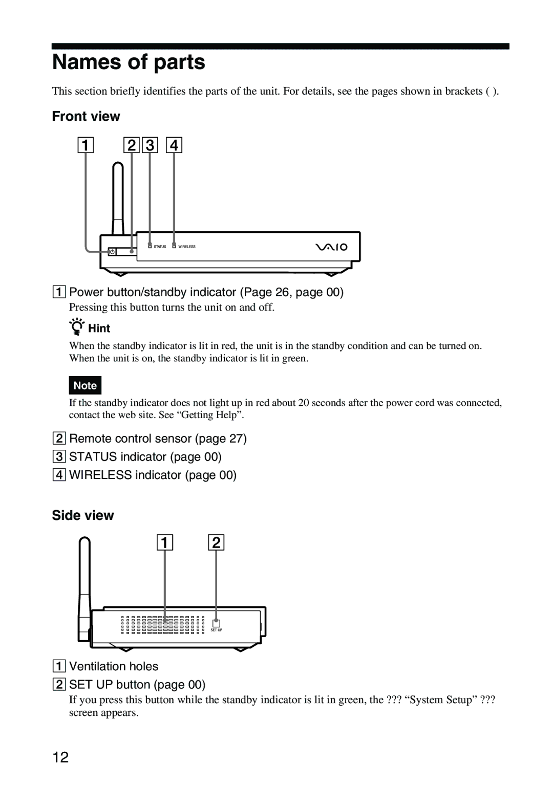 Sony VGP-MR100 operating instructions Names of parts, Front view, Side view 