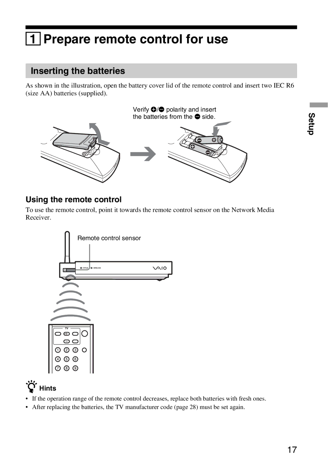 Sony VGP-MR100 Prepare remote control for use, Inserting the batteries, Using the remote control, Hints 