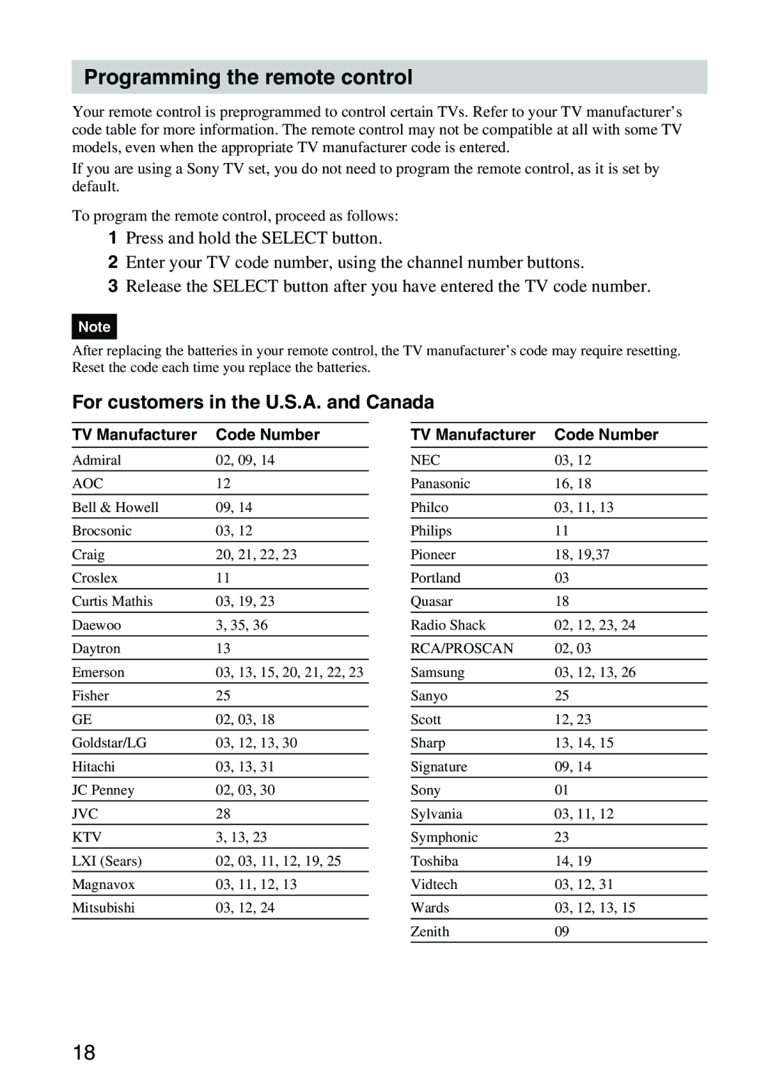 Sony VGP-MR100 Programming the remote control, For customers in the U.S.A. and Canada, TV Manufacturer Code Number 