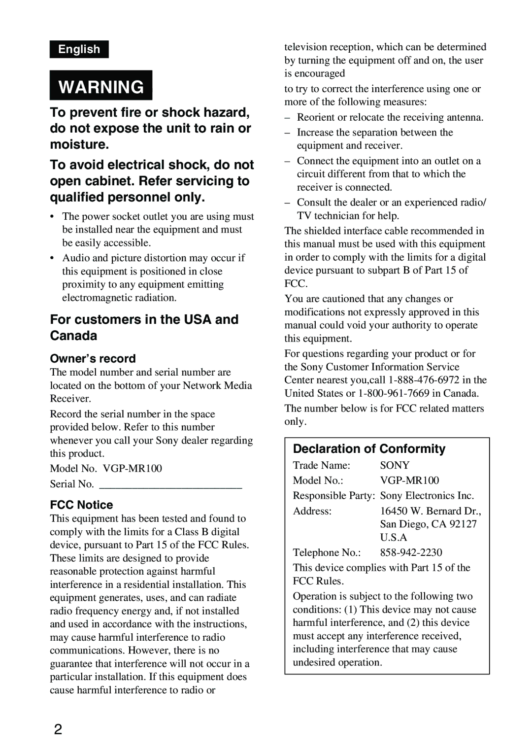 Sony VGP-MR100 operating instructions For customers in the USA and Canada, Owner’s record 