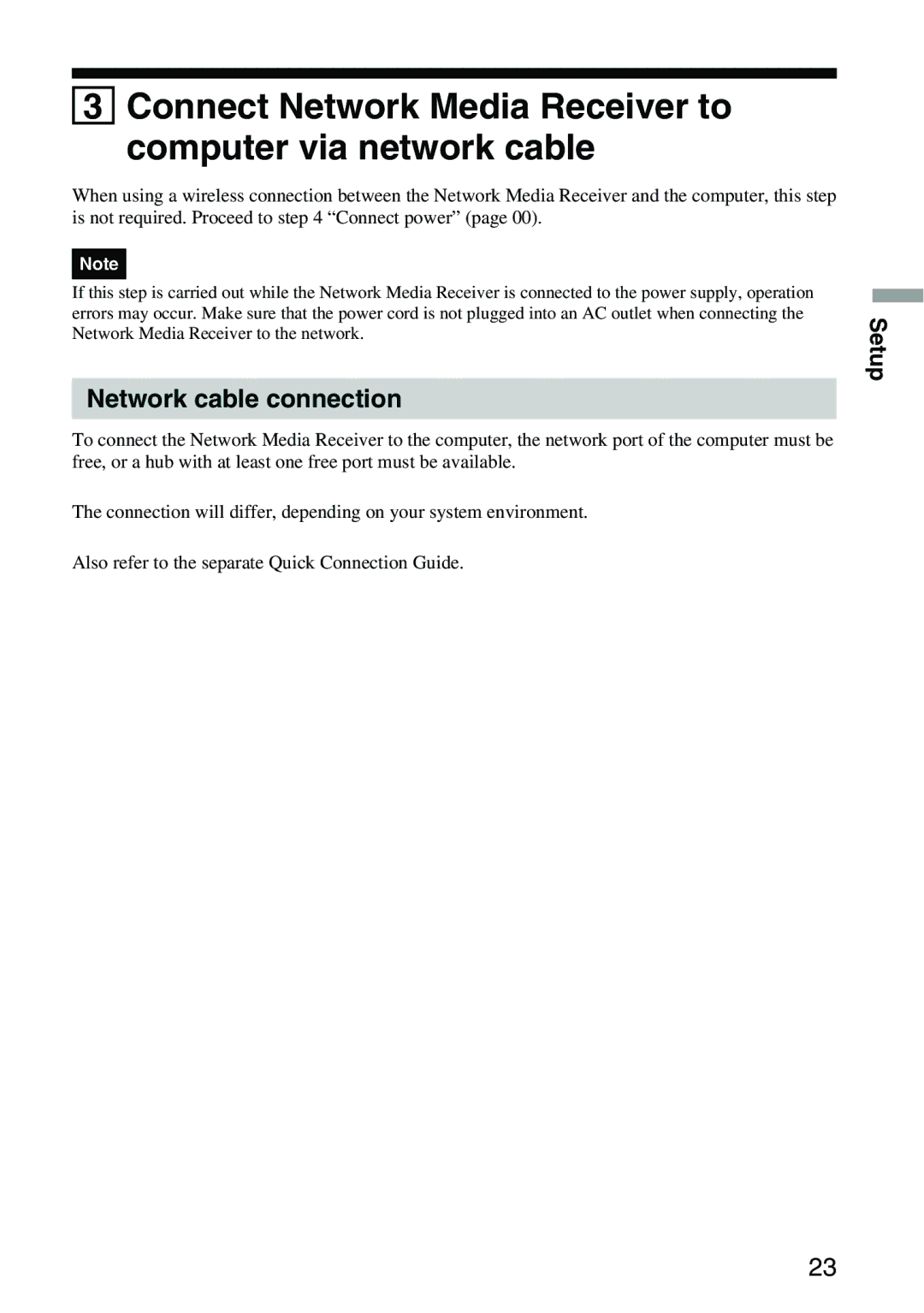 Sony VGP-MR100 Connect Network Media Receiver to computer via network cable, Network cable connection 