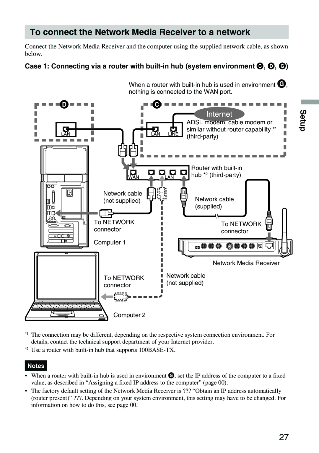 Sony VGP-MR100 operating instructions To connect the Network Media Receiver to a network 