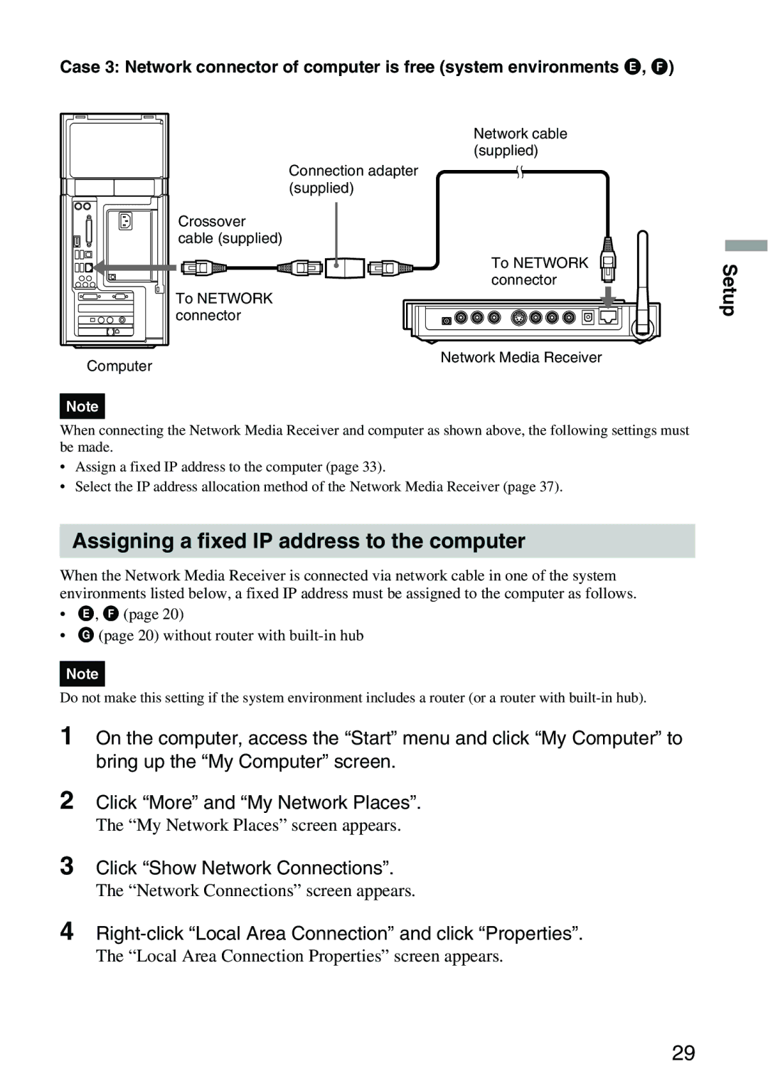 Sony VGP-MR100 operating instructions Assigning a fixed IP address to the computer, Computer Network Media Receiver 