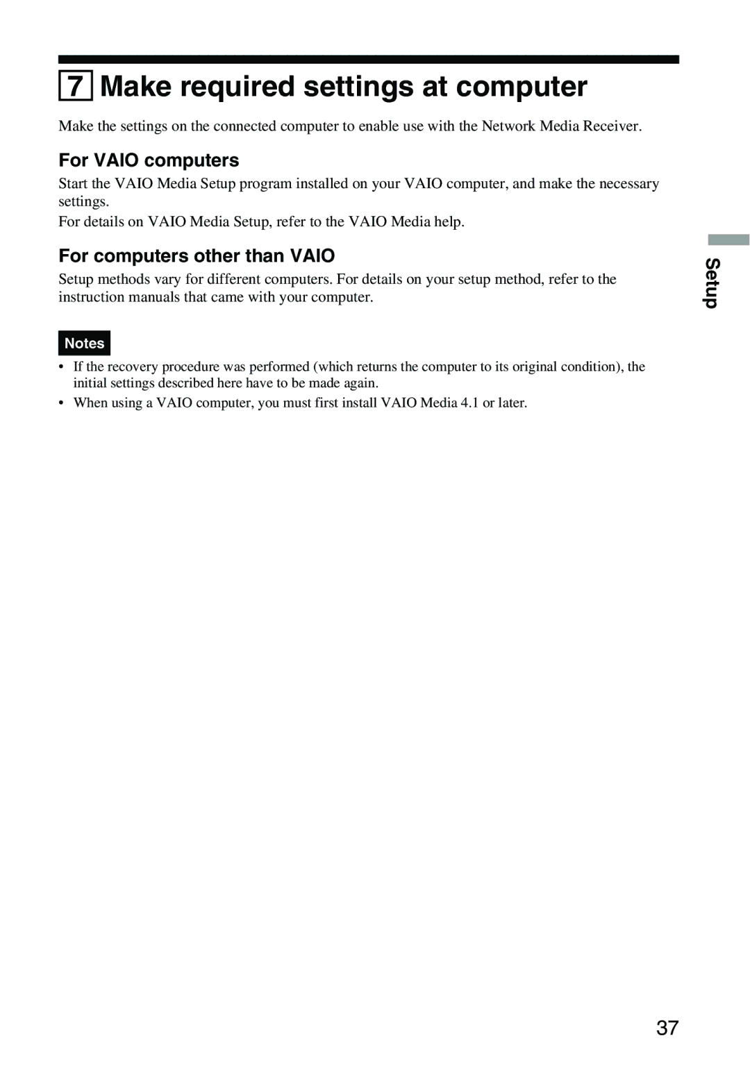 Sony VGP-MR100 operating instructions Make required settings at computer, For Vaio computers, For computers other than Vaio 