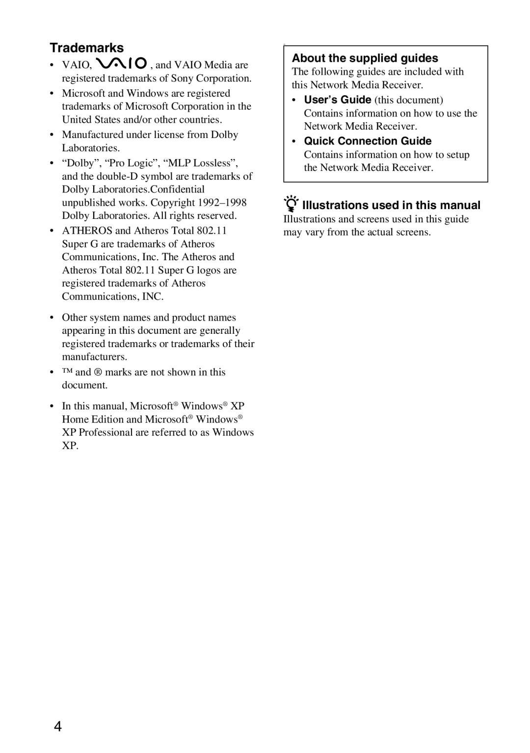 Sony VGP-MR100 operating instructions Trademarks, Quick Connection Guide 