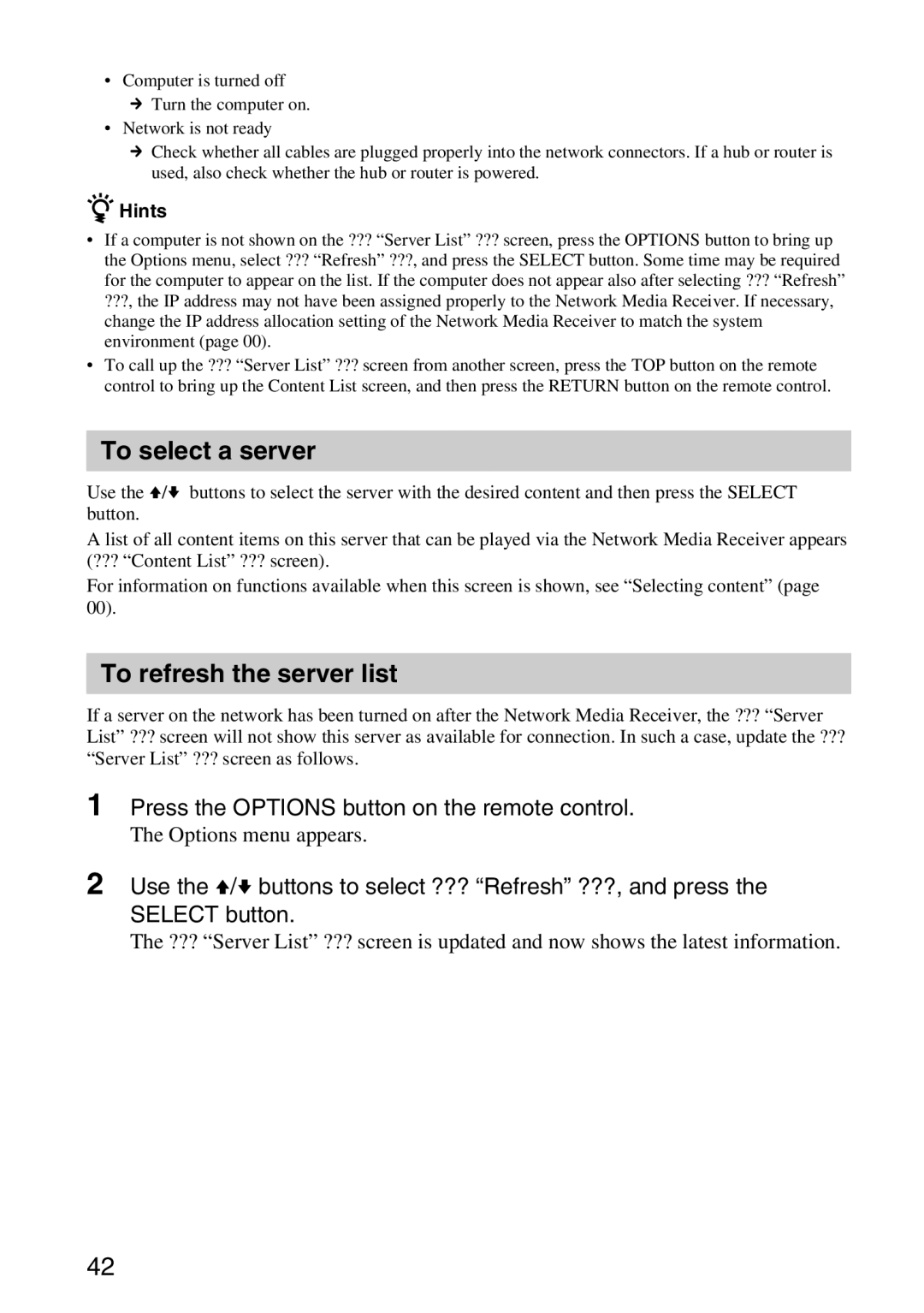 Sony VGP-MR100 operating instructions To select a server, To refresh the server list 