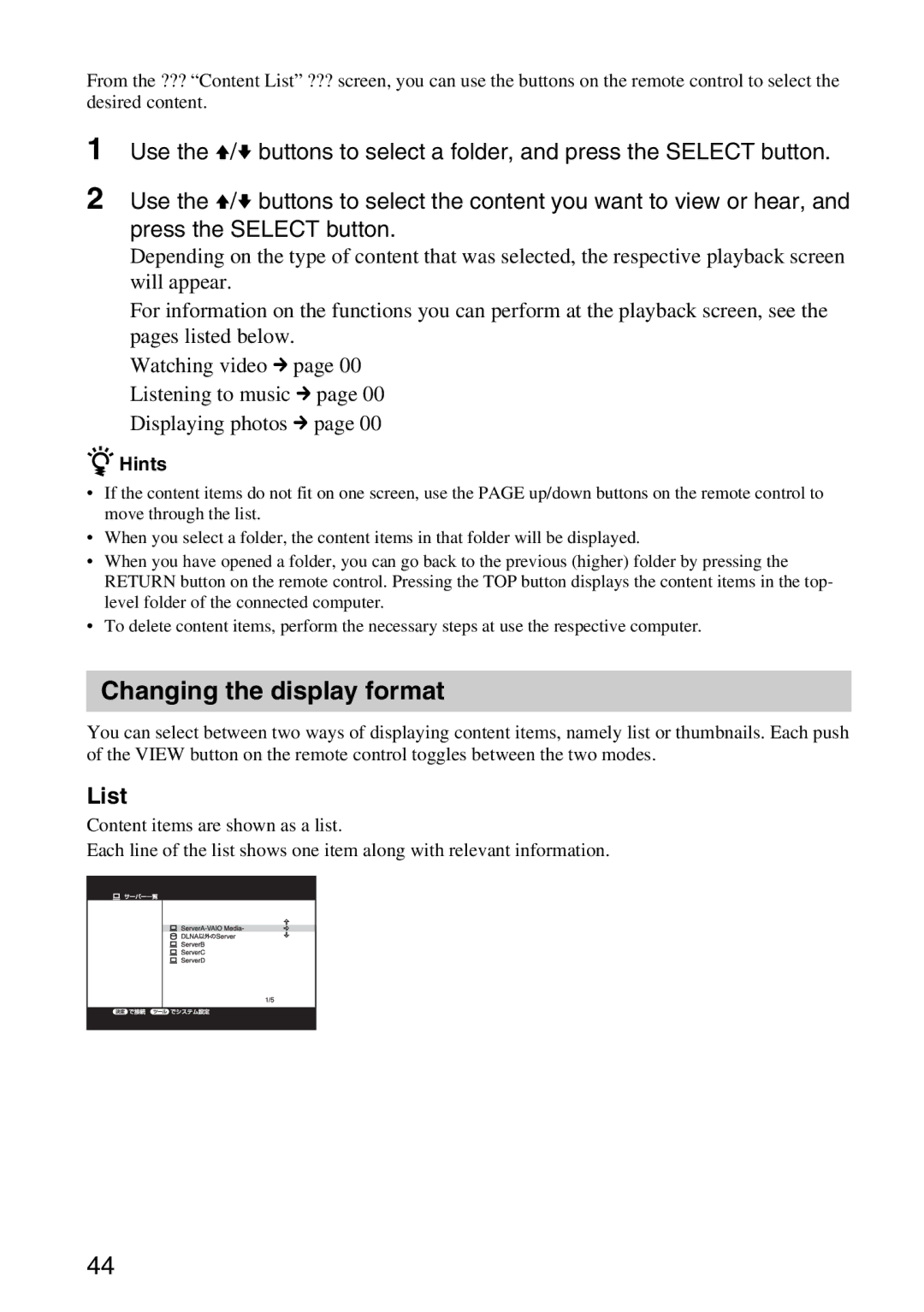 Sony VGP-MR100 operating instructions Changing the display format, List 