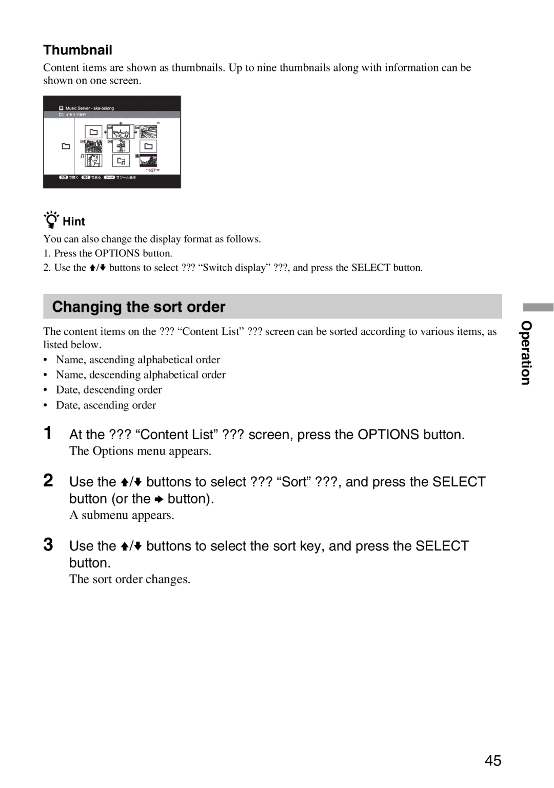 Sony VGP-MR100 operating instructions Changing the sort order, Thumbnail 