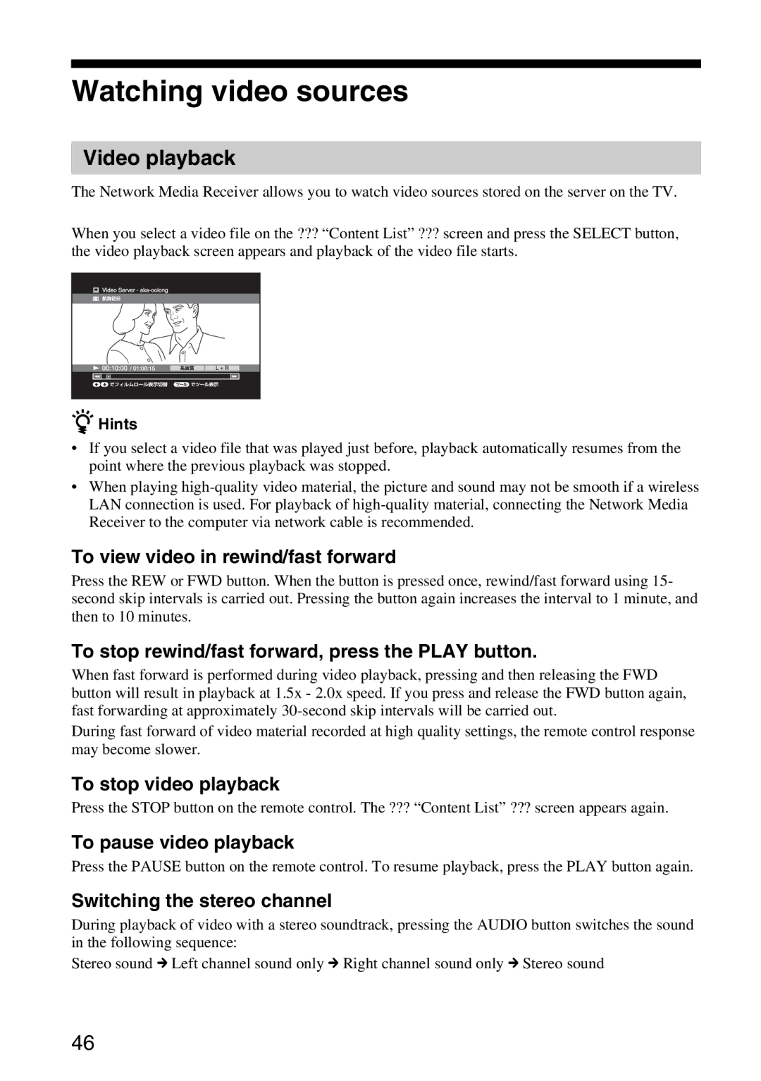 Sony VGP-MR100 operating instructions Watching video sources, Video playback 