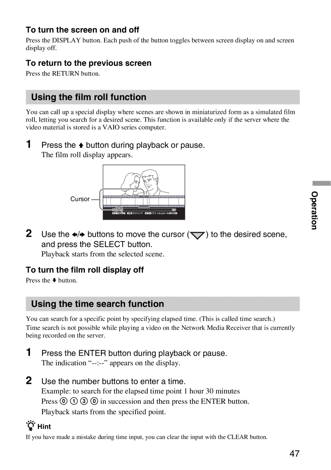 Sony VGP-MR100 Using the film roll function, Using the time search function, To turn the screen on and off 