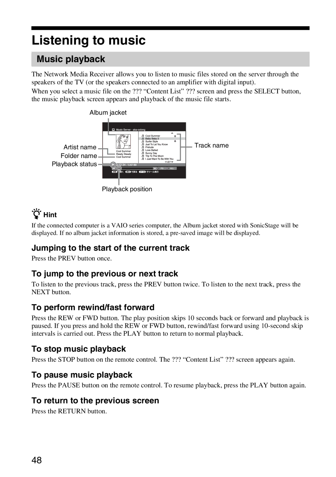 Sony VGP-MR100 operating instructions Listening to music, Music playback 