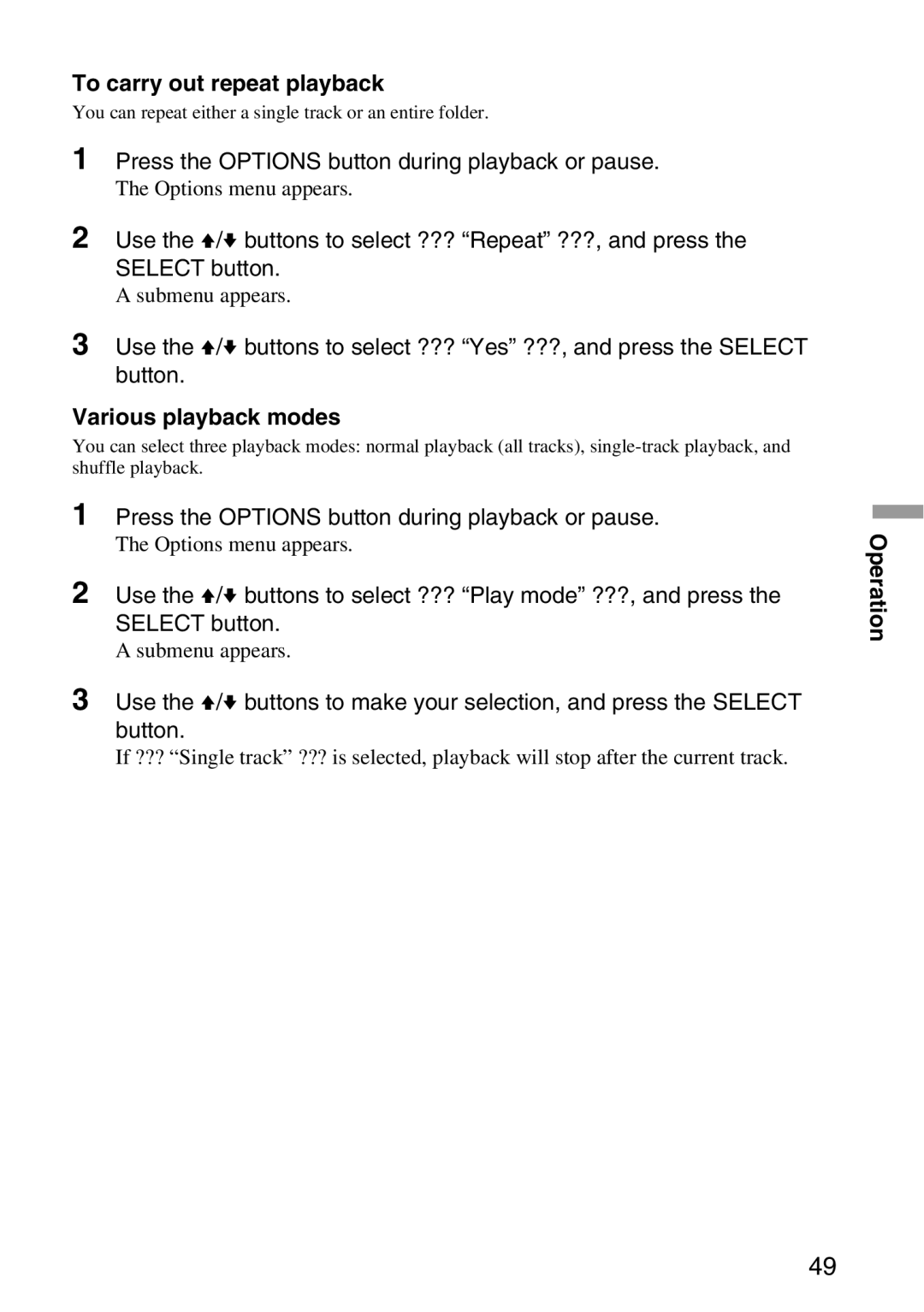 Sony VGP-MR100 operating instructions To carry out repeat playback, Various playback modes 