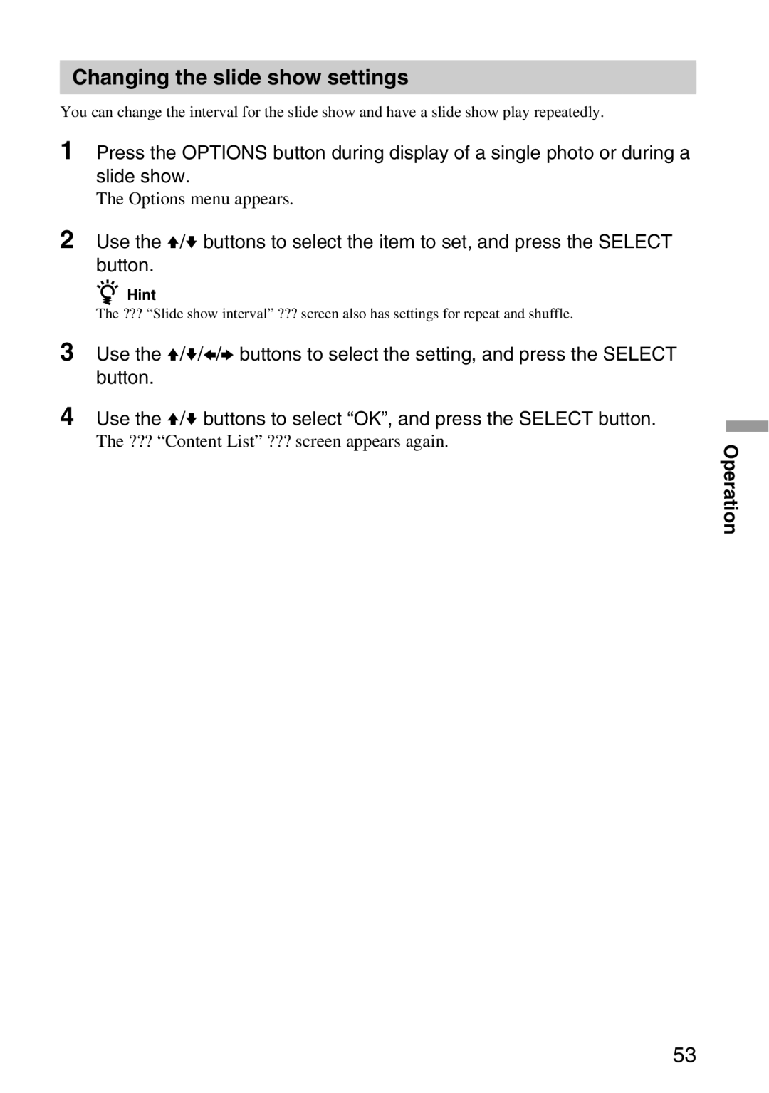 Sony VGP-MR100 operating instructions Changing the slide show settings 