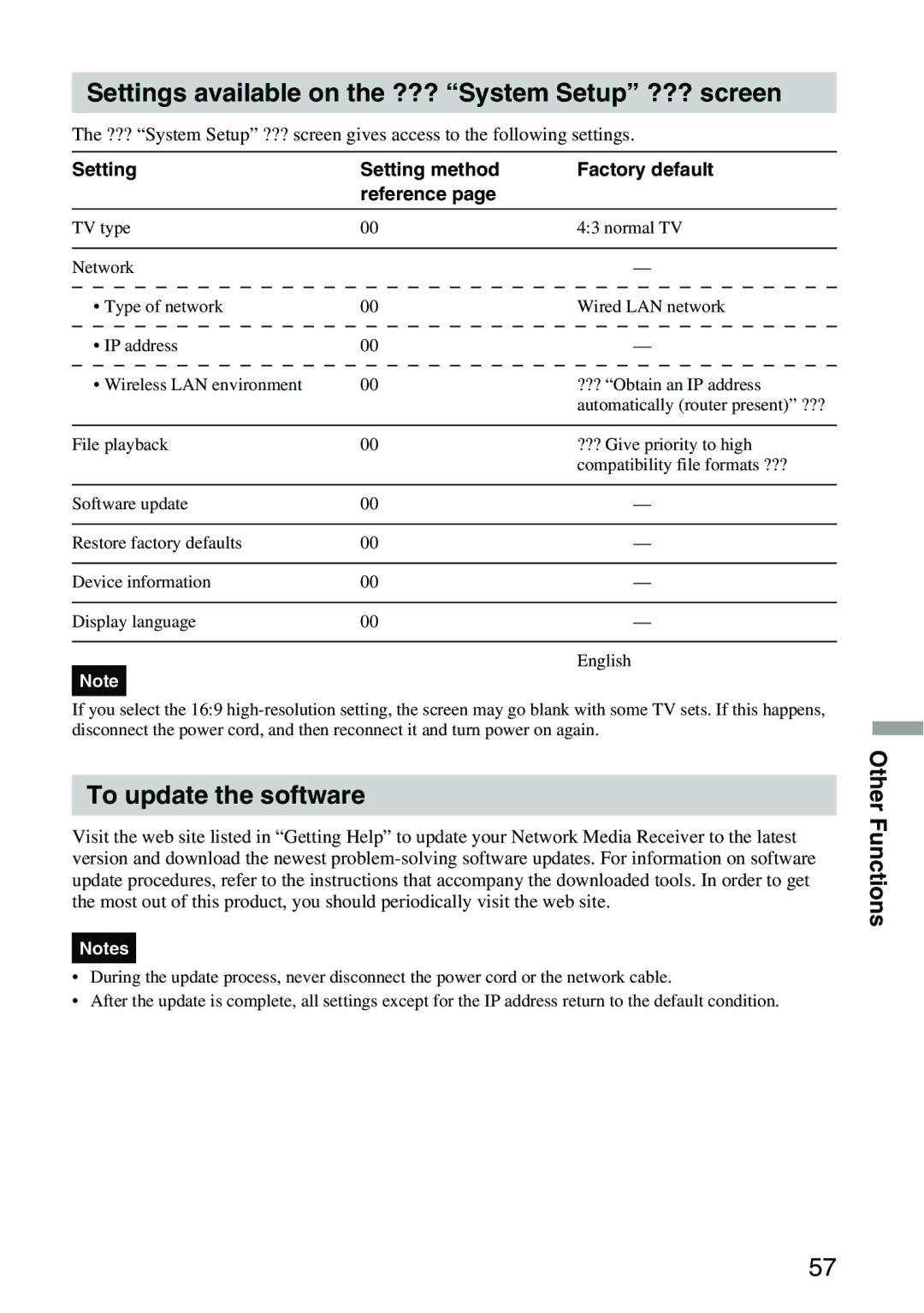 Sony VGP-MR100 Settings available on the ??? System Setup ??? screen, To update the software, Other Functions 