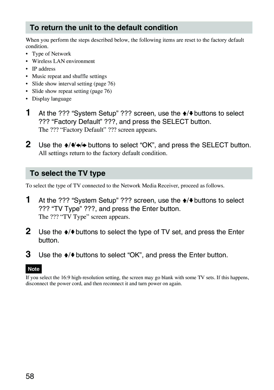 Sony VGP-MR100 operating instructions To return the unit to the default condition, To select the TV type 