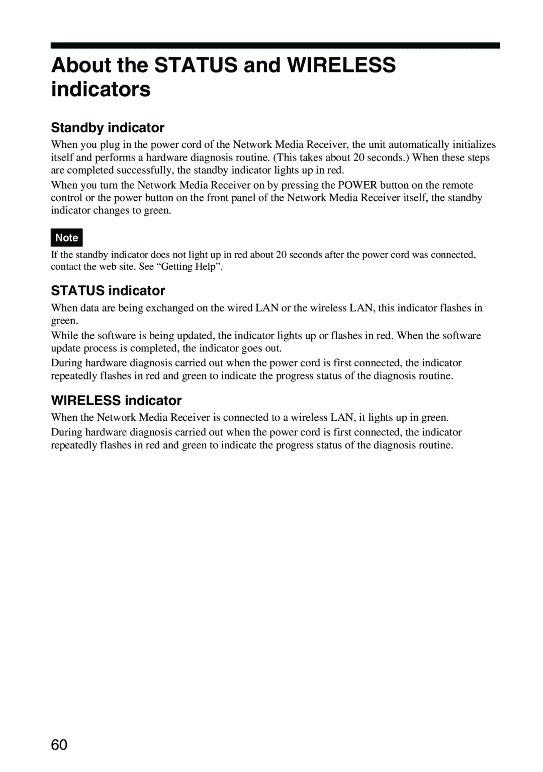 Sony VGP-MR100 operating instructions About the Status and Wireless indicators, Standby indicator, Status indicator 