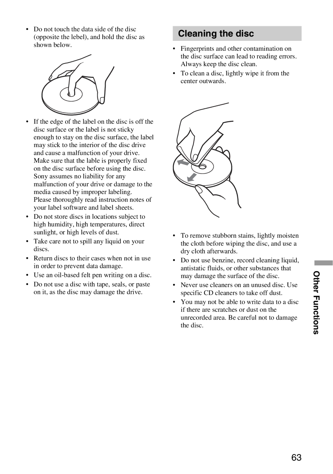 Sony VGP-MR100 operating instructions Cleaning the disc 