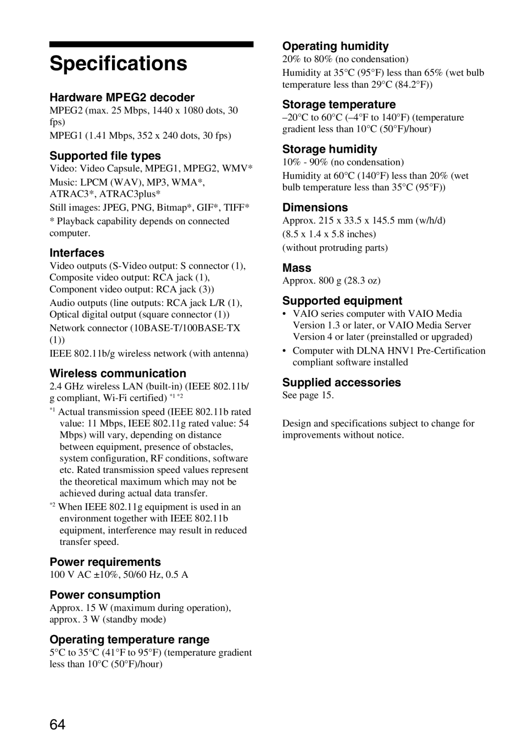 Sony VGP-MR100 operating instructions Specifications, Supported file types 