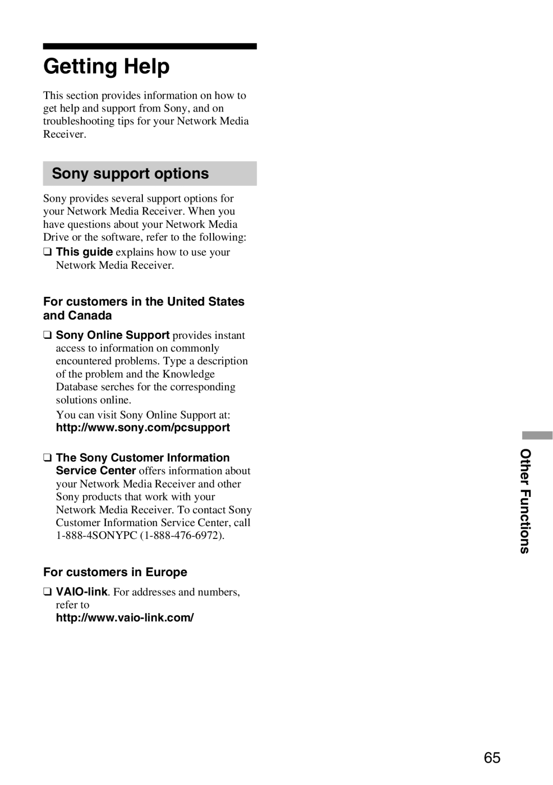 Sony VGP-MR100 operating instructions Getting Help, Sony support options 