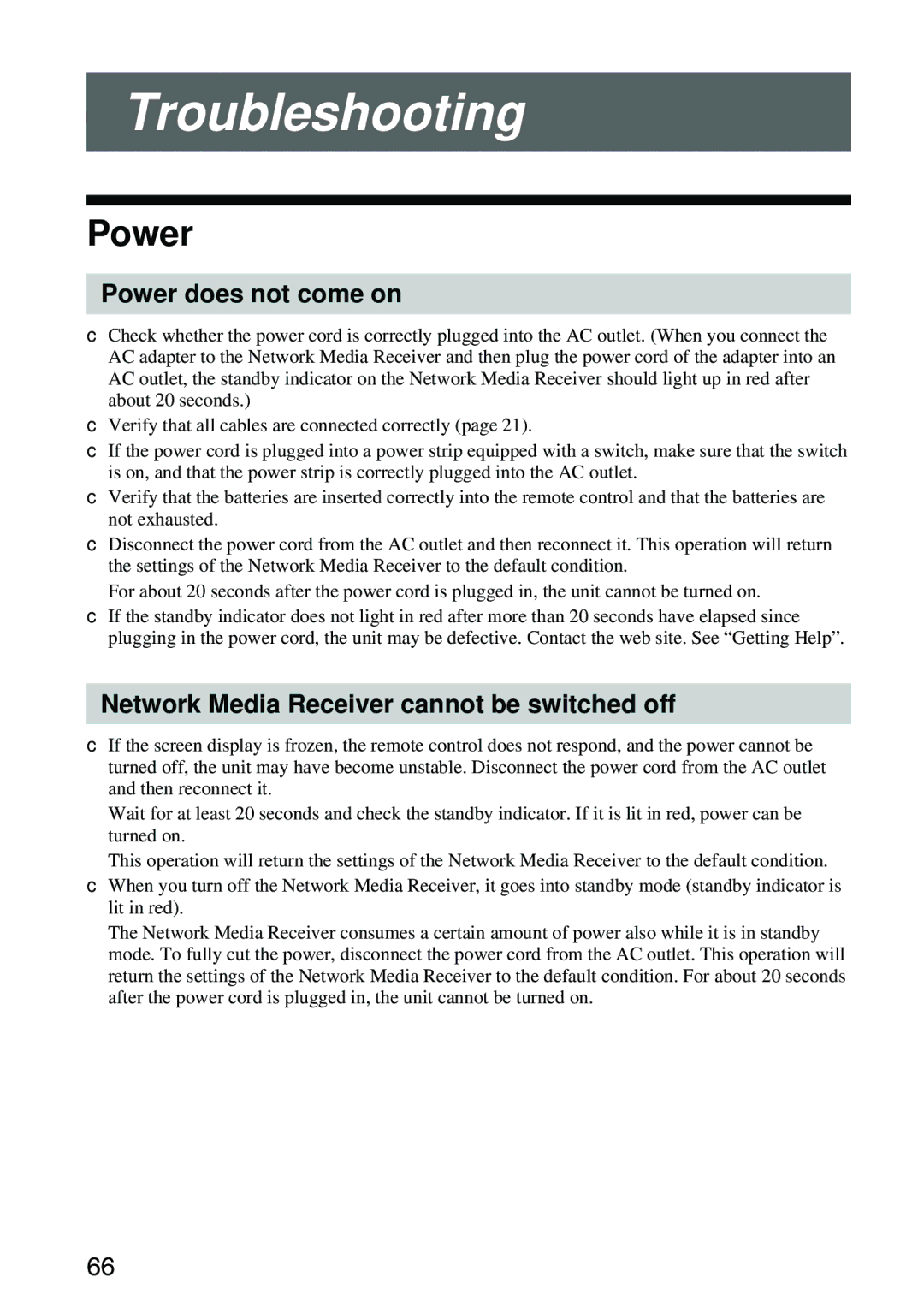 Sony VGP-MR100 operating instructions Power does not come on, Network Media Receiver cannot be switched off 