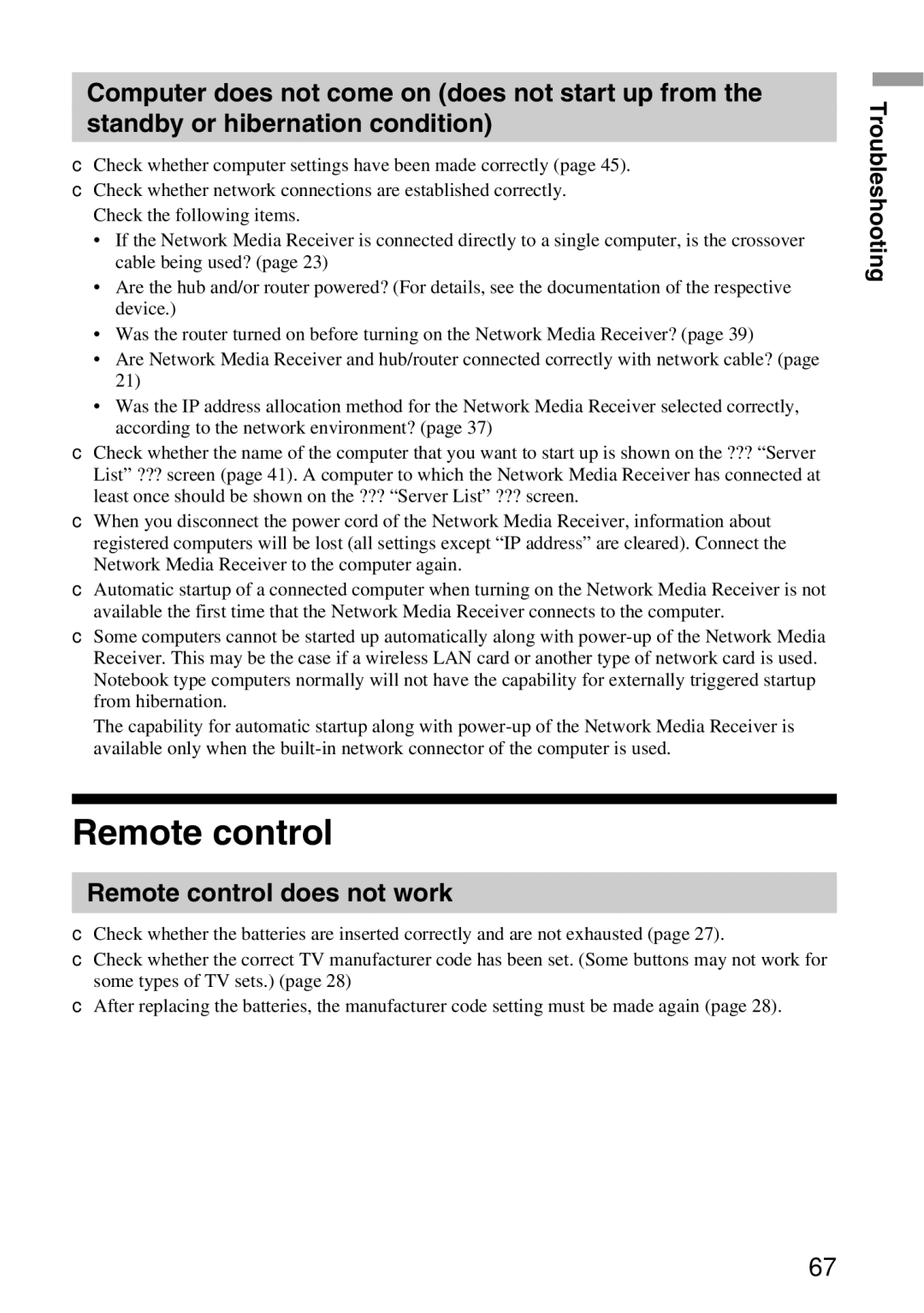 Sony VGP-MR100 operating instructions Remote control does not work, Troubleshooting 