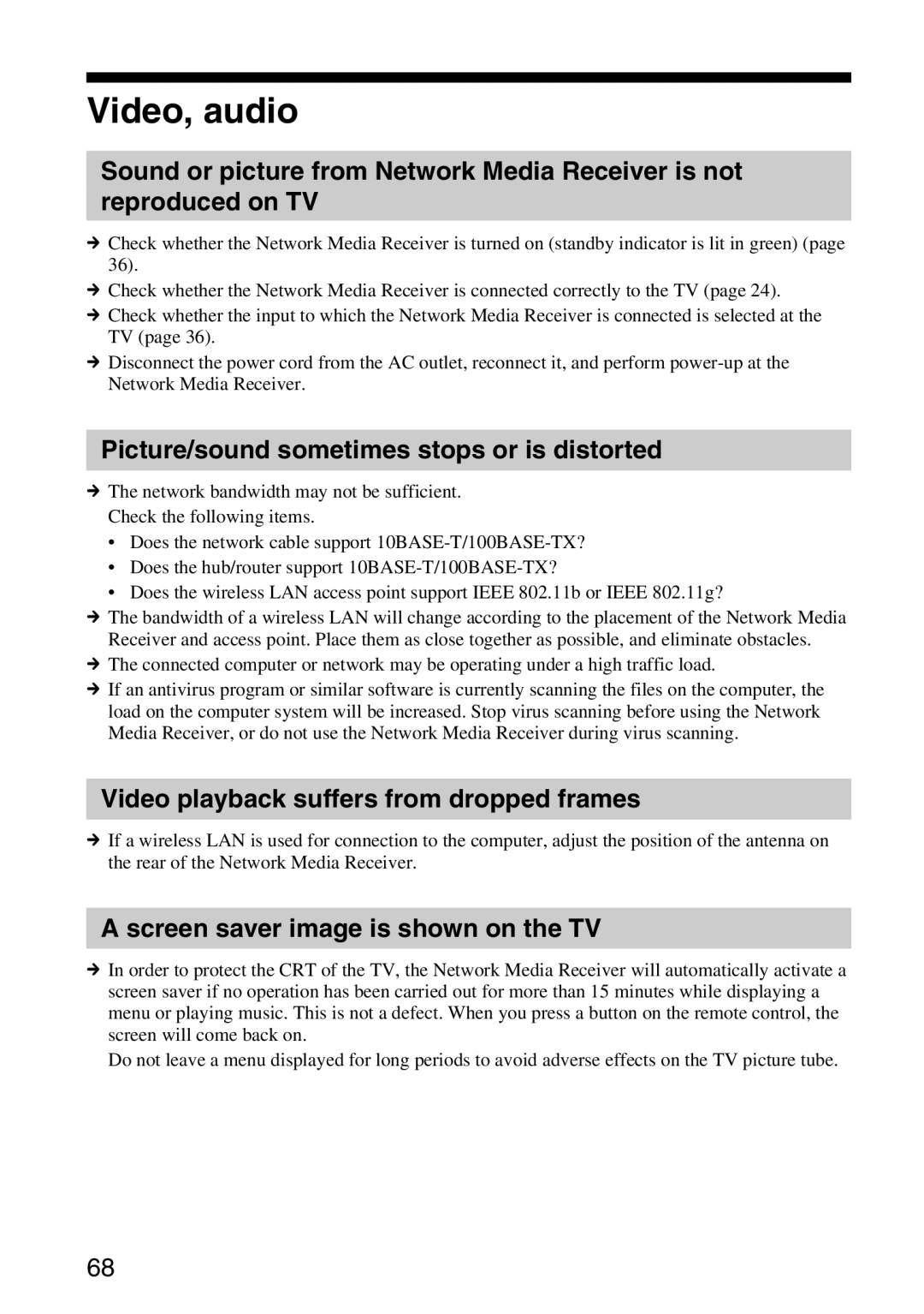 Sony VGP-MR100 Video, audio, Picture/sound sometimes stops or is distorted, Video playback suffers from dropped frames 