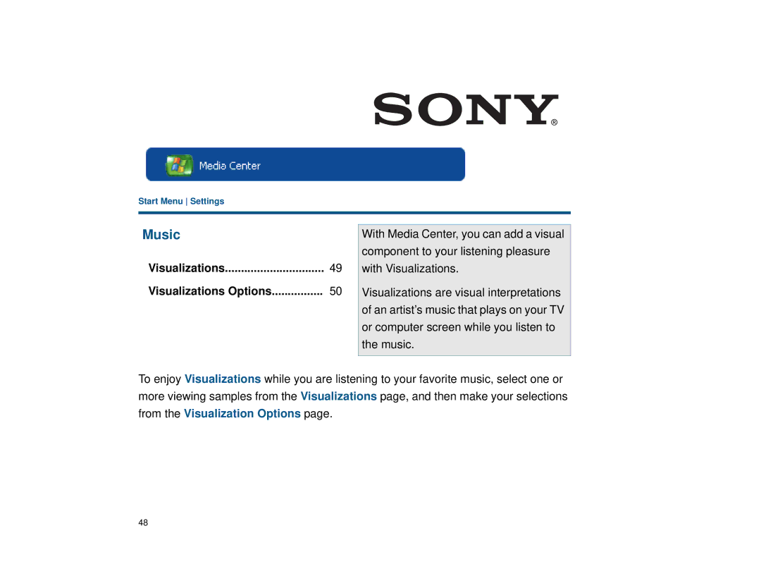 Sony VGX-XL1 manual Music, Visualizations Visualizations Options 