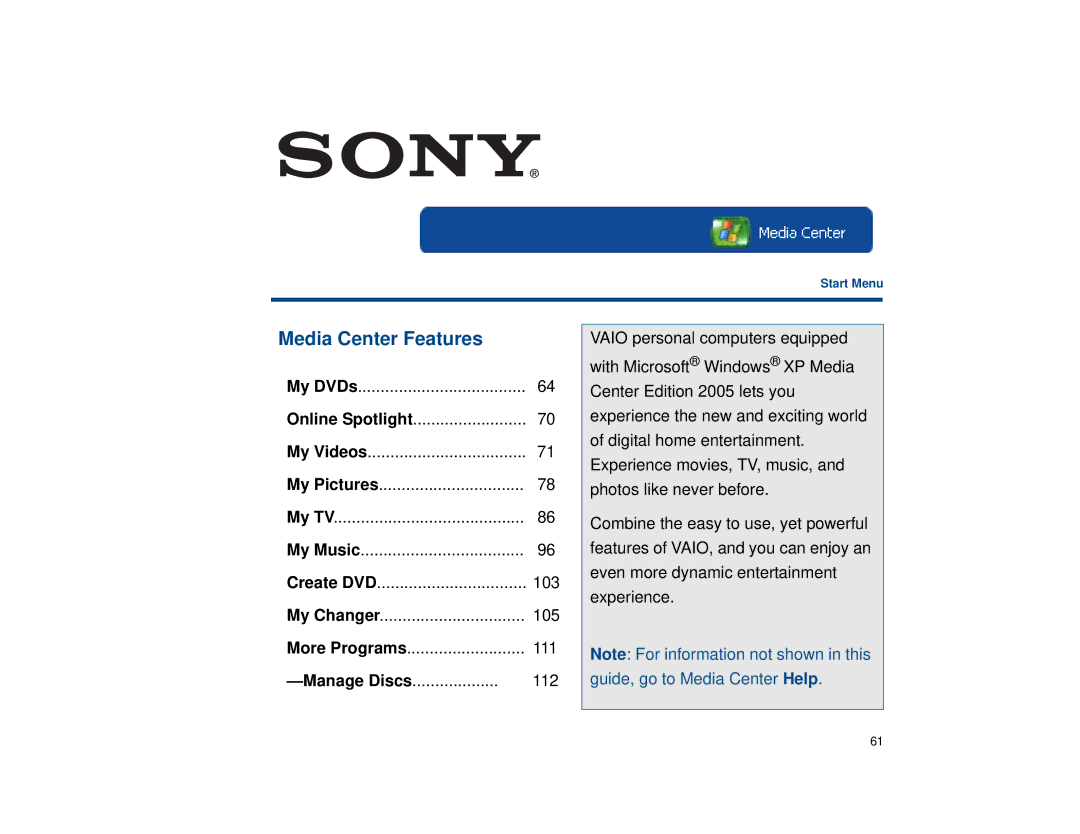 Sony VGX-XL1 manual Media Center Features 