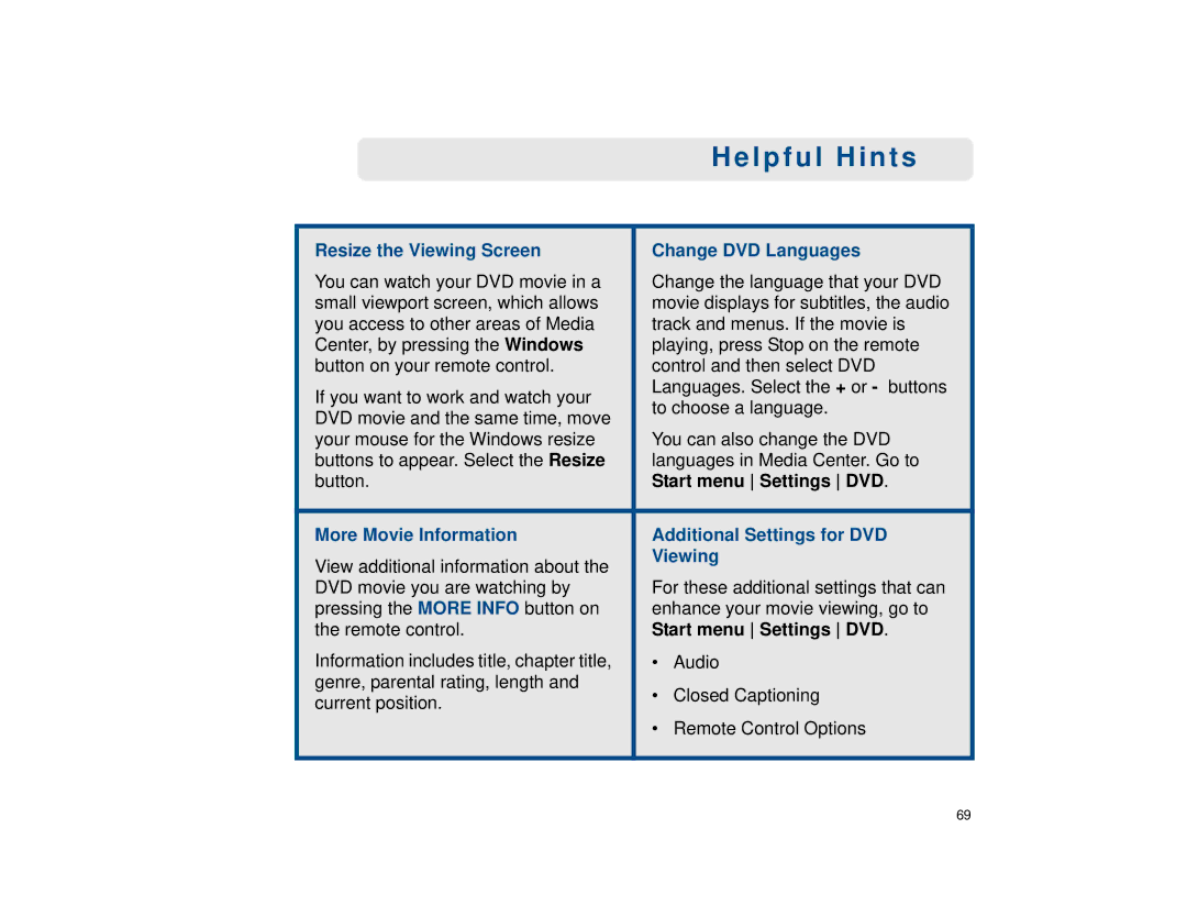 Sony VGX-XL1 manual Resize the Viewing Screen Change DVD Languages, Start menu Settings DVD 