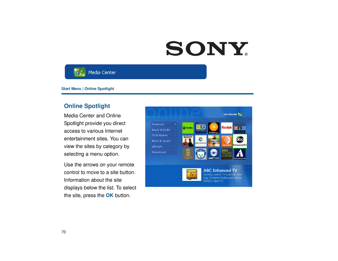 Sony VGX-XL1 manual Online Spotlight 