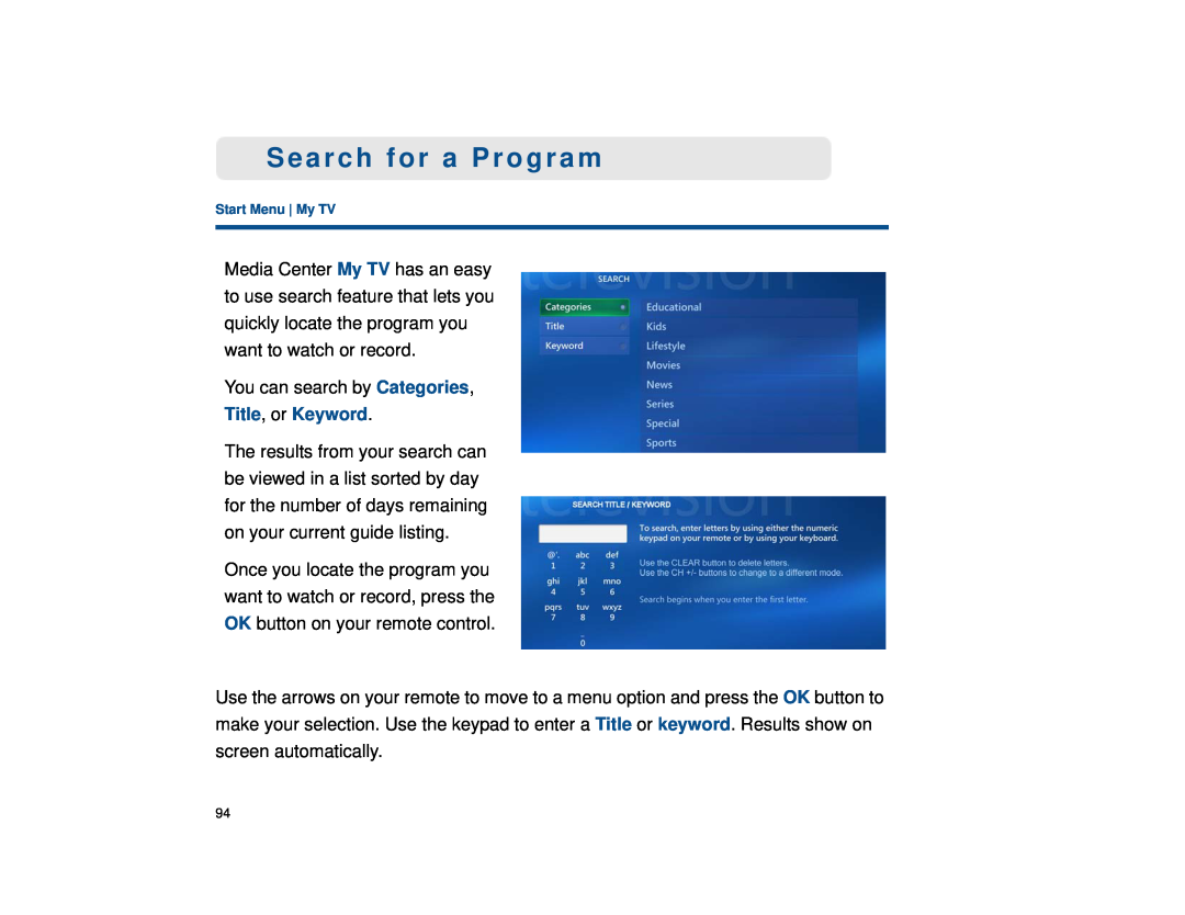 Sony VGX-XL1 manual Search for a Program, Title, or Keyword 
