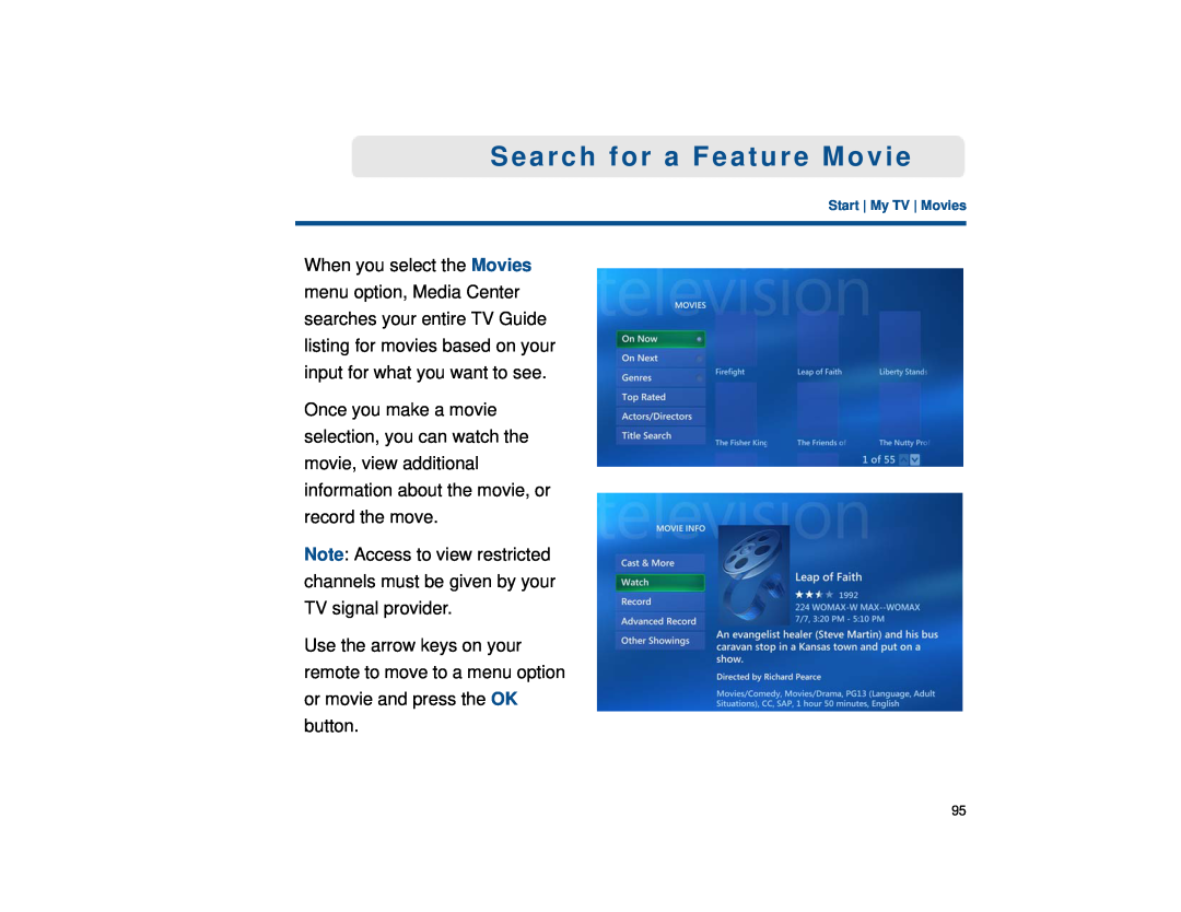 Sony VGX-XL1 manual Search for a Feature Movie, Start My TV Movies 