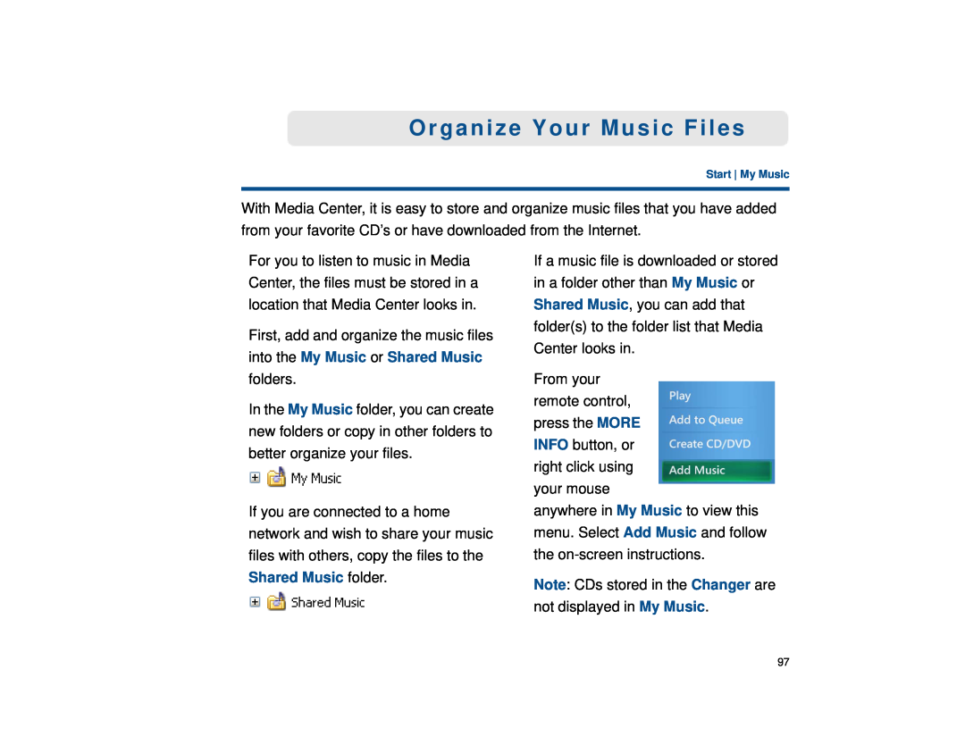 Sony VGX-XL1 manual Organize Your Music Files, Start My Music 