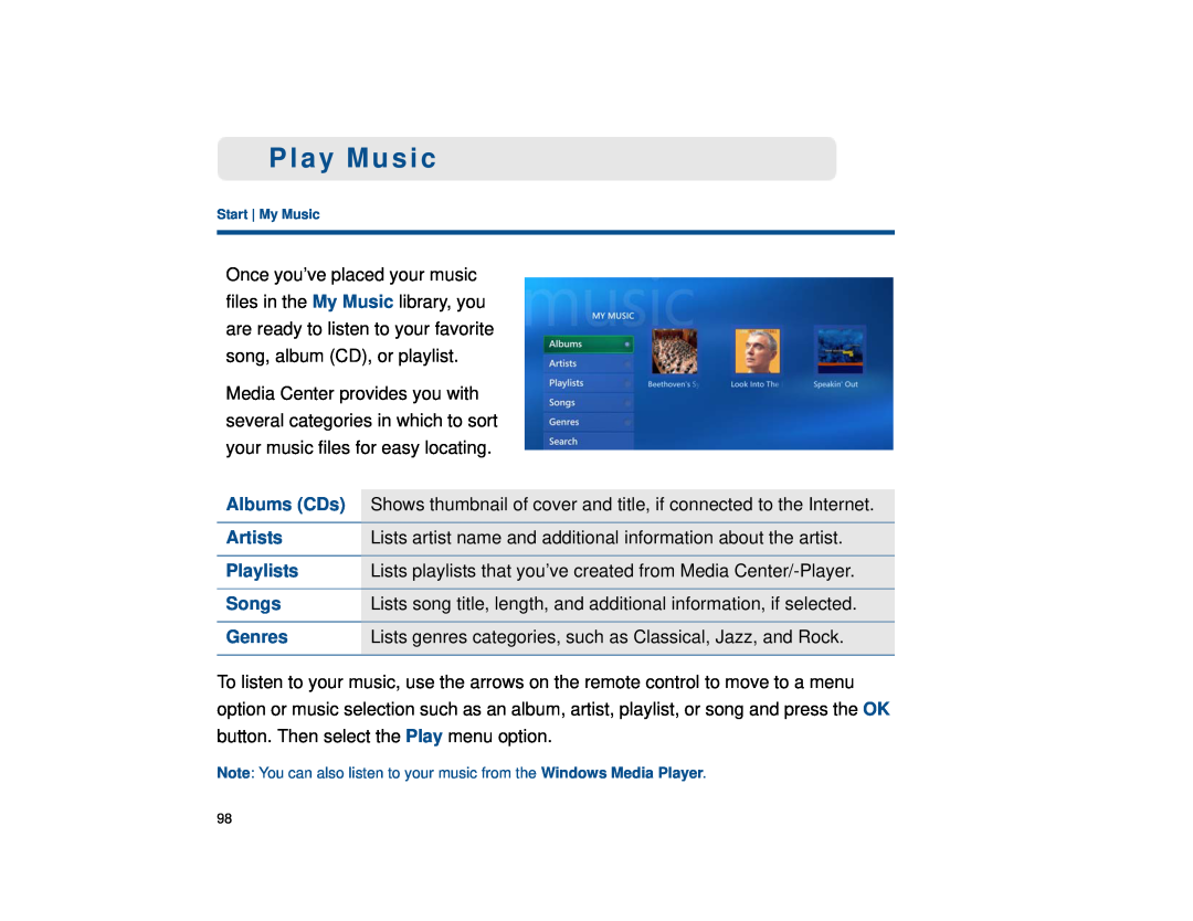 Sony VGX-XL1 manual Play Music, Albums CDs, Artists, Playlists, Songs, Genres 