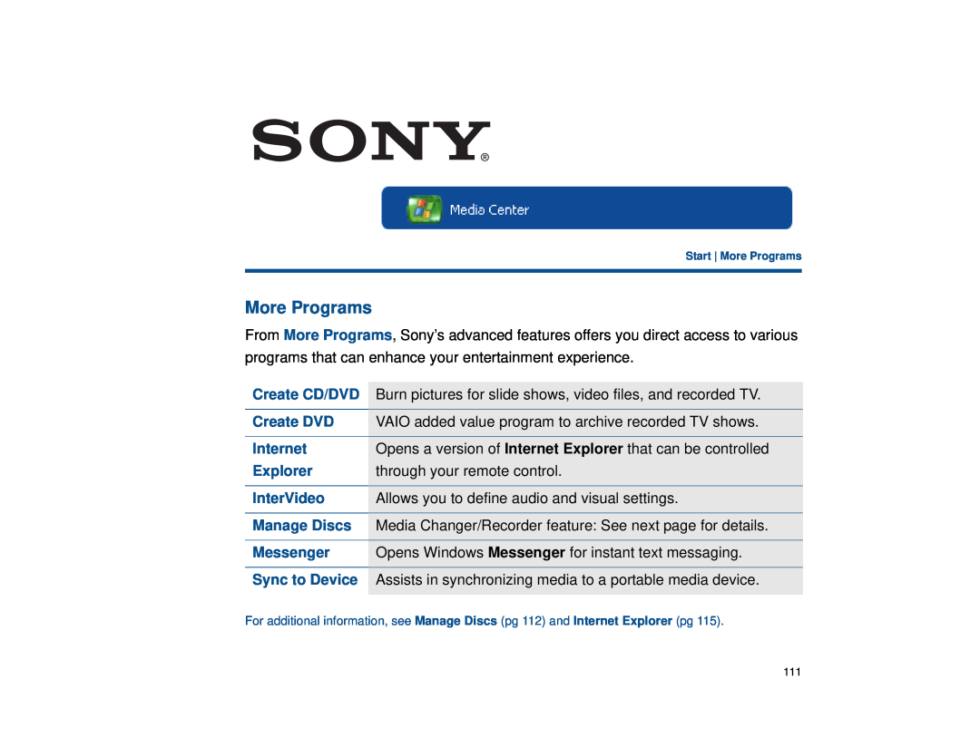 Sony VGX-XL1 manual More Programs, Create CD/DVD, Create DVD, Internet, Explorer, InterVideo, Manage Discs, Messenger 