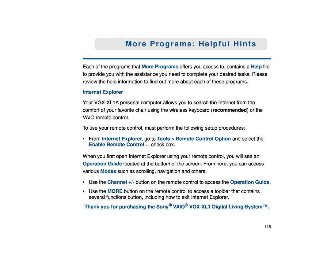 Sony VGX-XL1 manual More Programs Helpful Hints, Internet Explorer 