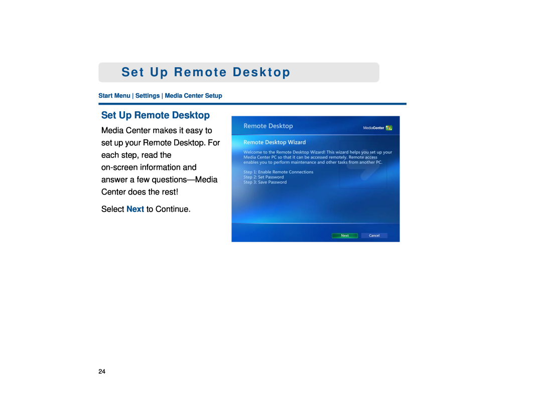 Sony VGX-XL1 manual Set Up Remote Desktop, Start Menu Settings Media Center Setup 