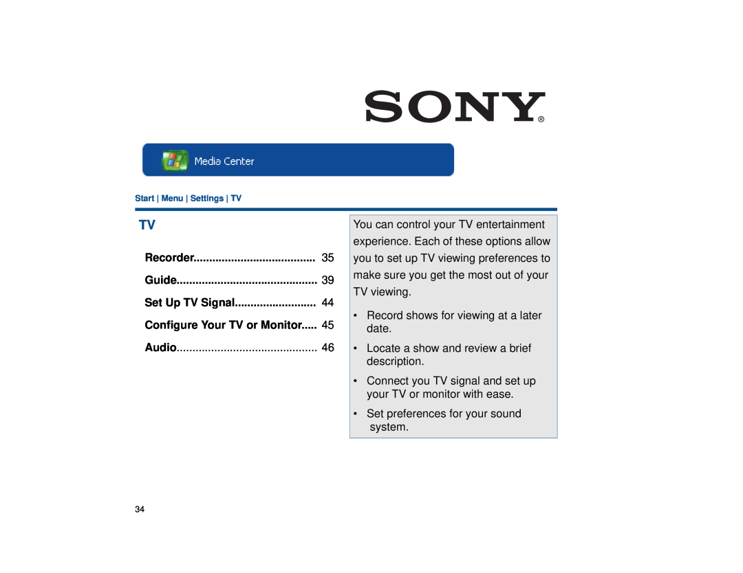 Sony VGX-XL1 manual Recorder, Guide, Set Up TV Signal, Configure Your TV or Monitor 